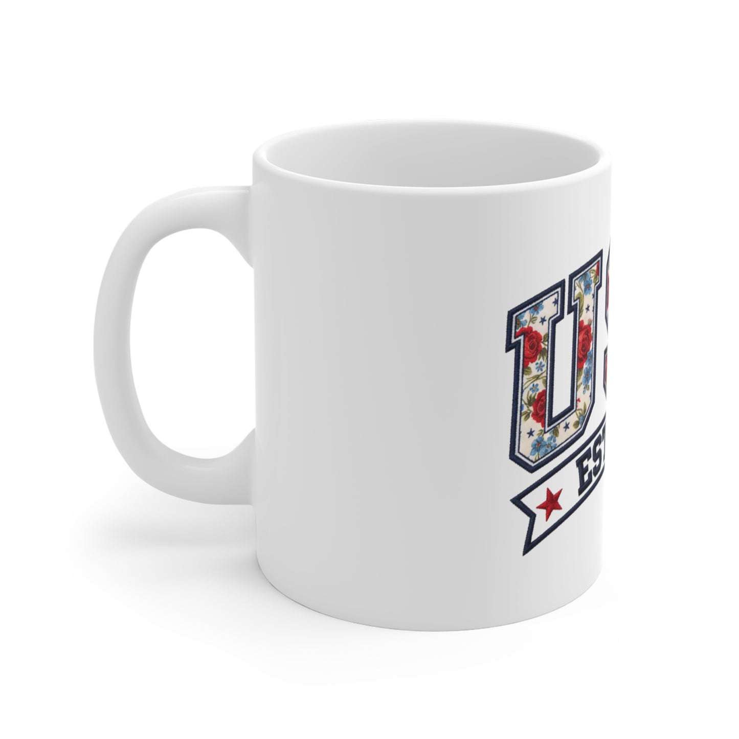 USA Est. 1776 Floral Flag Coffee Mug — Patriotic 11oz Ceramic