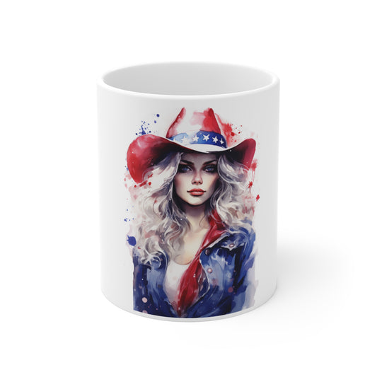 Patriotic Watercolor Cowgirl Mug – Bold Americana Woman Coffee Mug – Red White Blue Hat Art Cup – Western Style Patriotic Mug – Gift for Her Patriotic Cowgirl 11oz Coffee Mug — American Flag Hat...