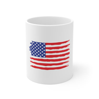 Grunge American Flag Mug – Brush Stroke USA Flag Coffee Mug – Distressed Red White Blue Cup – Patriotic Freedom Gift Mug 11oz