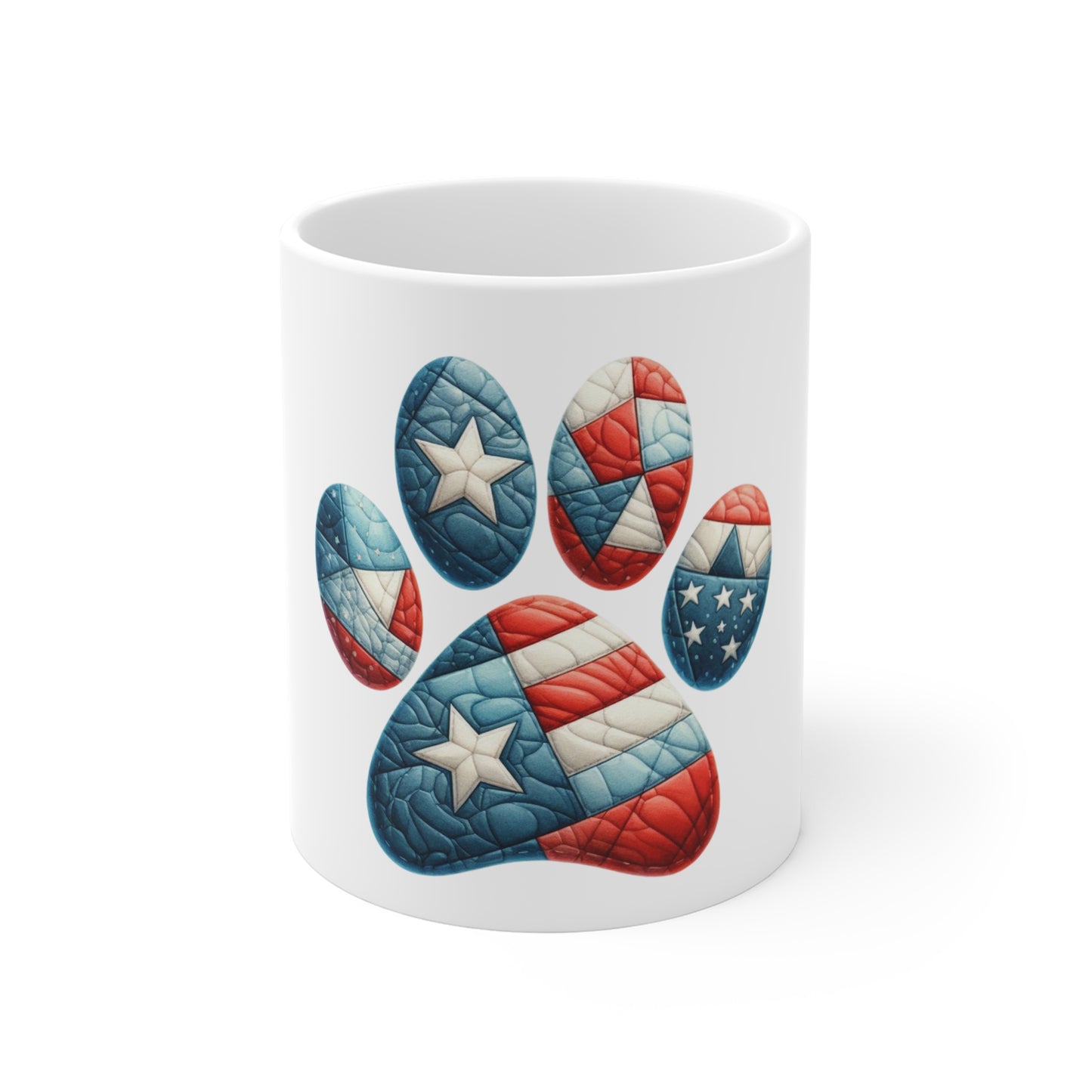 Patriotic Star Patch Dog Paw Coffee Mug – Americana Quilt Star Paw Print Mug – Red White Blue Dog Lover Mug – USA Pet Gift Cup Patriotic Paw Print Mug — American Flag Dog Lover Coffee Cup