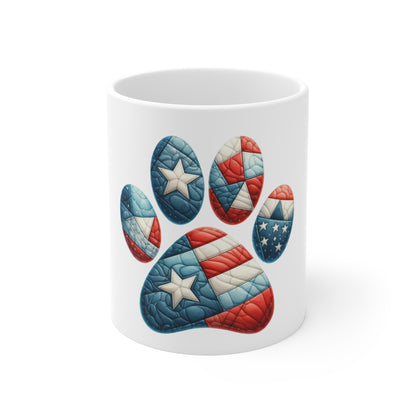 Patriotic Star Patch Dog Paw Coffee Mug – Americana Quilt Star Paw Print Mug – Red White Blue Dog Lover Mug – USA Pet Gift Cup Patriotic Paw Print Mug — American Flag Dog Lover Coffee Cup