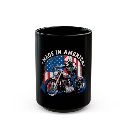 Made in America Biker Coffee Mug – Patriotic Motorcycle Skull Mug – USA Rider Gift Mug – American Flag Vintage Biker Cup Made in America Motorcycle Skeleton Black Mug — Patriotic Biker Coffee Cup...