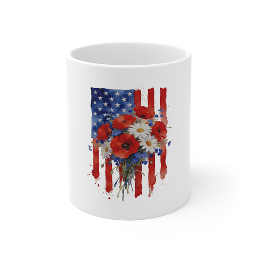 Patriotic Floral Mug — American Flag with Red Poppies & Daisies, 11oz