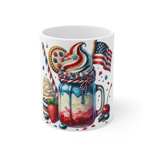 Patriotic Ice Cream Sundae Coffee Mug – 4th of July Mason Jar Dessert Mug – Red White Blue Milkshake Cup with American Flag & Cookie Patriotic Red White Blue Milkshake Mug — 11oz Americana Dessert...