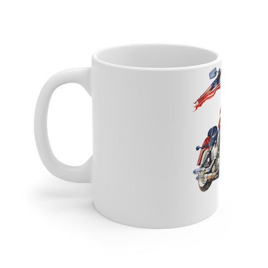 Patriotic Motorcycle Coffee Mug – American Flag Bike Mug – USA Biker Art Cup – Vintage Americana Rider Gift Mug 11oz