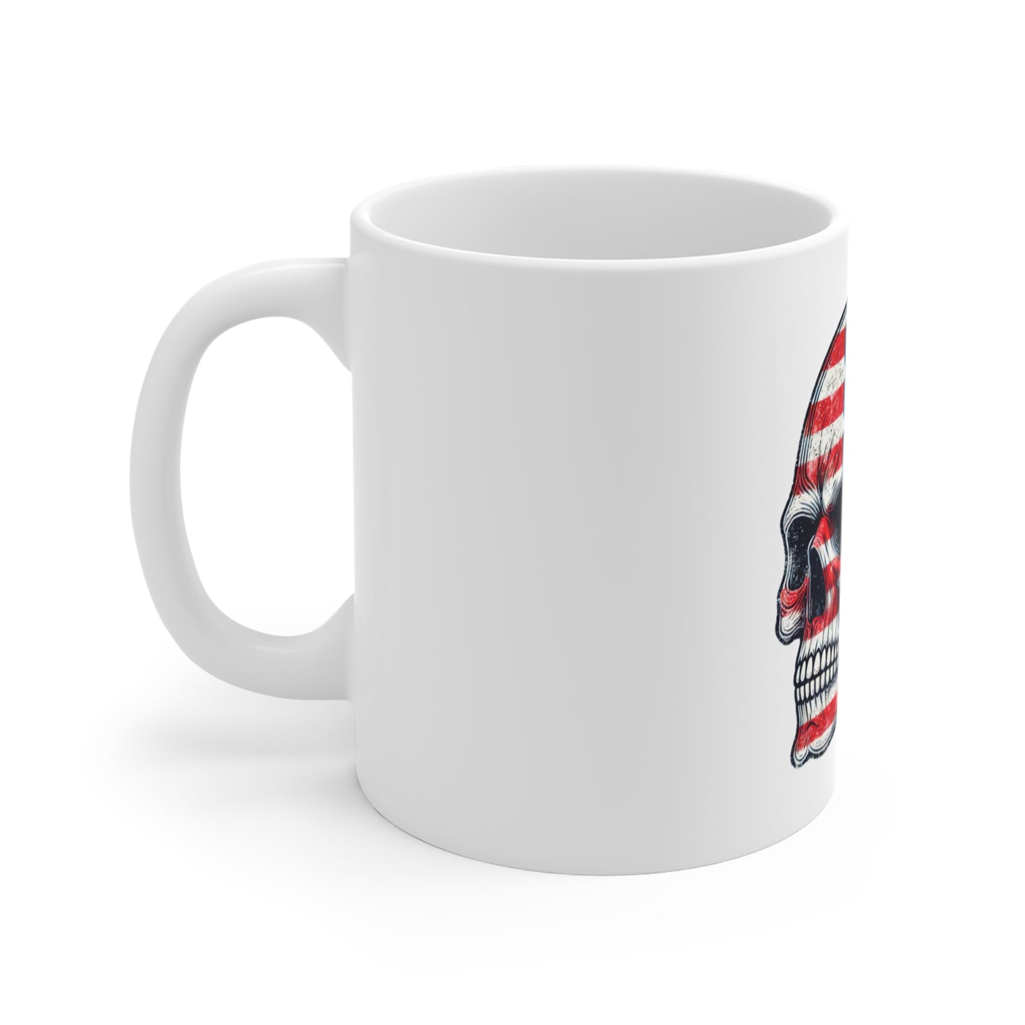 Patriotic Skull Profile Coffee Mug – American Flag Side Skull Mug – Distressed USA Grunge Skull Cup – Bold Americana Gift Mug 11oz