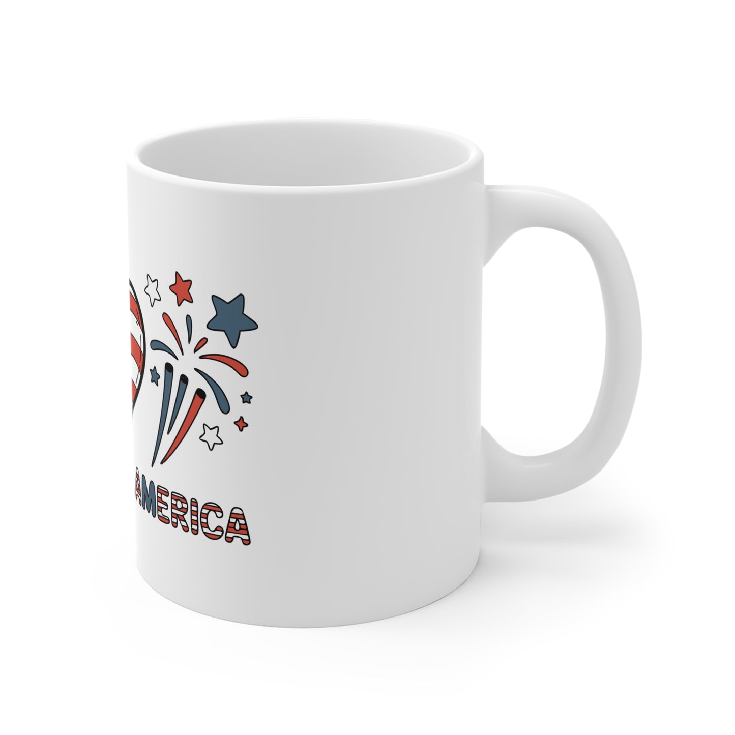 11oz Mug — Peace, Love, America Patriotic Flag Design (Fourth of July Coffee Cup)