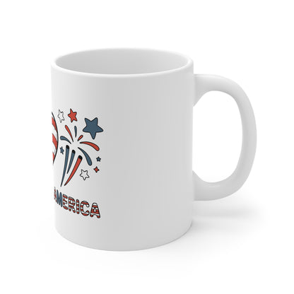 11oz Mug — Peace, Love, America Patriotic Flag Design (Fourth of July Coffee Cup)