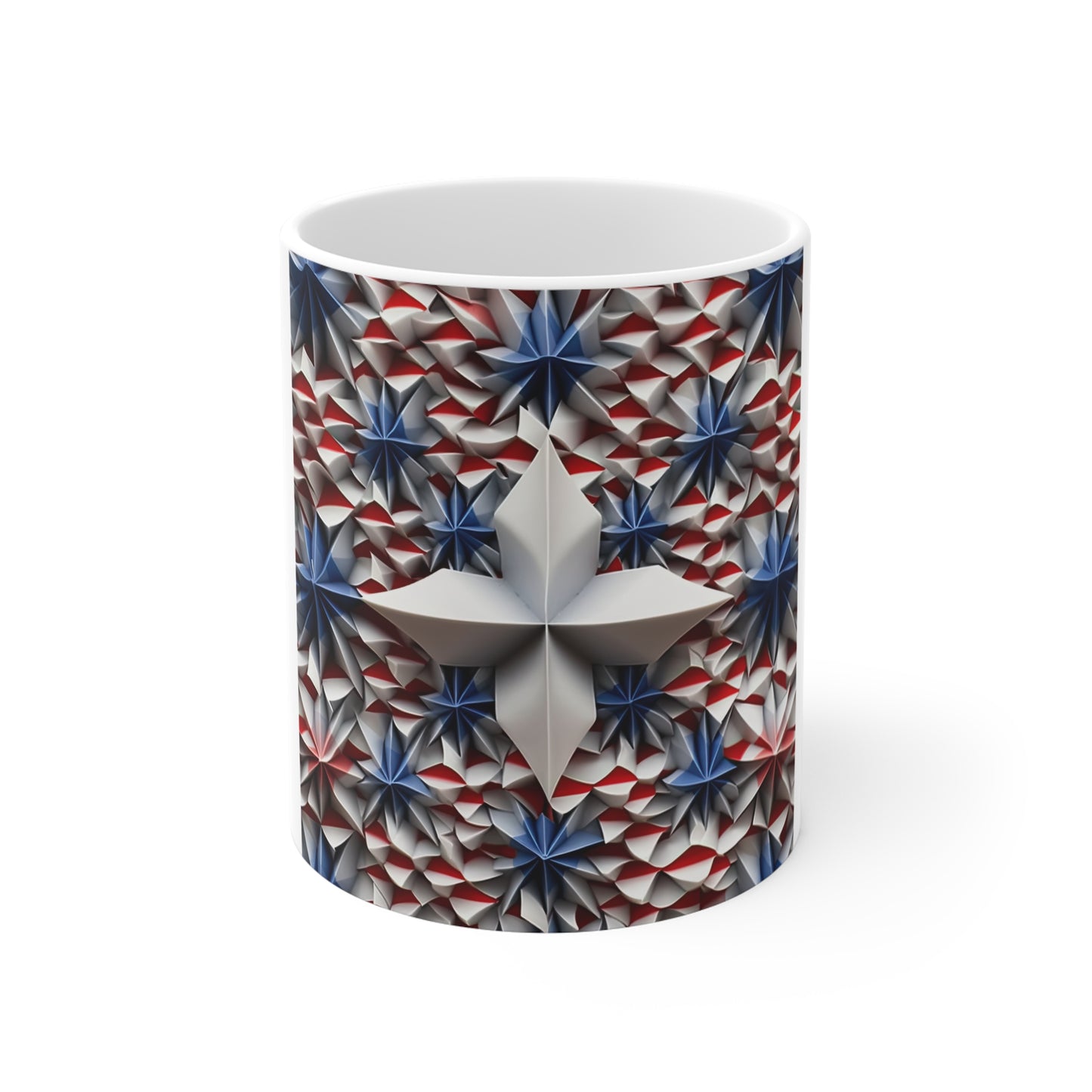 3D Patriotic Starburst Coffee Mug – Red White Blue Layered Stars Mug – Bold Americana Geometric Mug – Modern USA Star Design 11oz