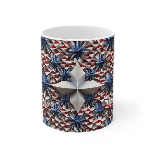 3D Patriotic Starburst Coffee Mug – Red White Blue Layered Stars Mug – Bold Americana Geometric Mug – Modern USA Star Design 11oz