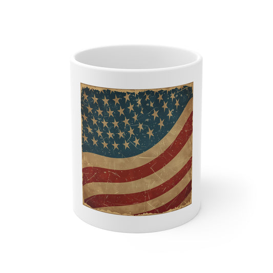Vintage Waving American Flag Coffee Mug – Distressed Retro USA Mug – Classic Americana Flag Cup – Weathered Patriotic Gift Vintage American Flag Mug — 11oz Patriotic Coffee Cup for Veterans & Fourth...
