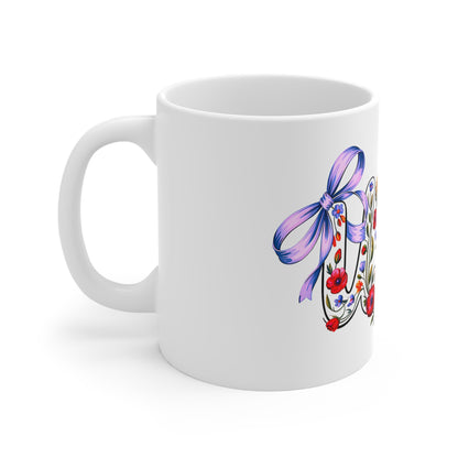 Floral Mom 11oz Mug — Decorative Script with Poppies & Purple Bows