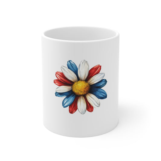 Patriotic Daisy 11oz Coffee Mug — Red White & Blue Flower Ceramic Cup