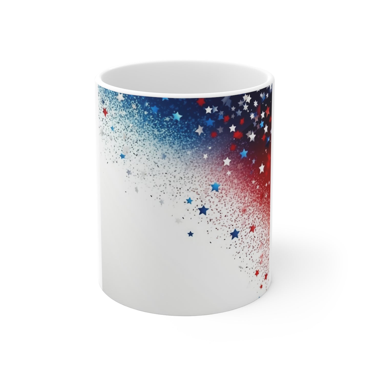 Patriotic Star Confetti Coffee Mug – Red White Blue Glitter Mug – Minimal Americana Cup – Festive USA Sprinkle Design Patriotic Star Spray Mug — Red, White & Blue 11oz Coffee Cup