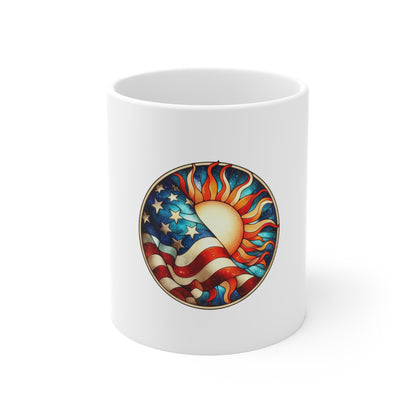 Stained Glass American Sun & Flag Mug – Patriotic Sunrise Coffee Mug – Red White Blue Freedom Cup – Americana Art Gift Mug 11oz