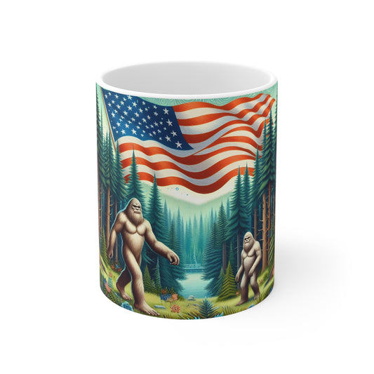 Patriotic Bigfoot Coffee Mug – American Flag Sasquatch Mug – USA Forest Freedom Art Cup – Funny Americana Gift Mug 11oz