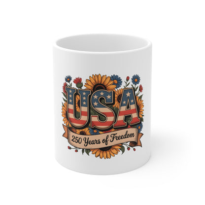 USA 250 Years of Freedom Sunflower Mug – Patriotic 4th of July Coffee Cup