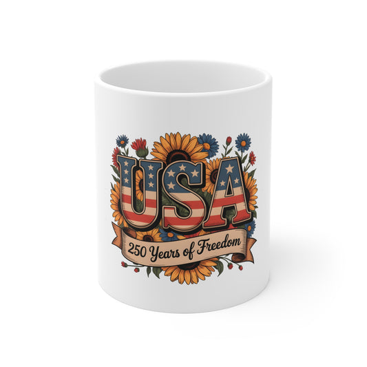USA 250 Years of Freedom Sunflower Mug – Patriotic 4th of July Coffee Cup