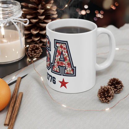 USA Est 1776 Patriotic Floral Coffee Mug – Red White Blue Flower Mug – Vintage Americana Botanical Cup – Elegant 4th of July Gift Mug 11oz