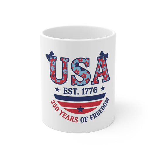 USA Est 1776 Floral Freedom Coffee Mug – 250 Years of Freedom Patriotic Mug – Red White Blue Flower USA Cup – Giftable Americana Mug 11oz