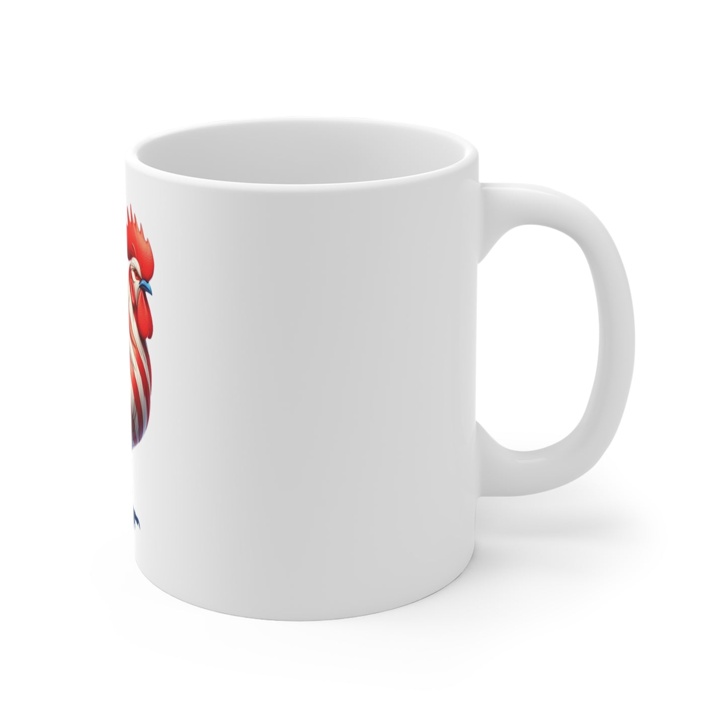 Patriotic Rooster Coffee Mug – American Flag Stylized Rooster – Red White Blue Elegant Chicken Mug – USA Pride Gift American Flag Rooster Mug — Patriotic 11oz Coffee Cup