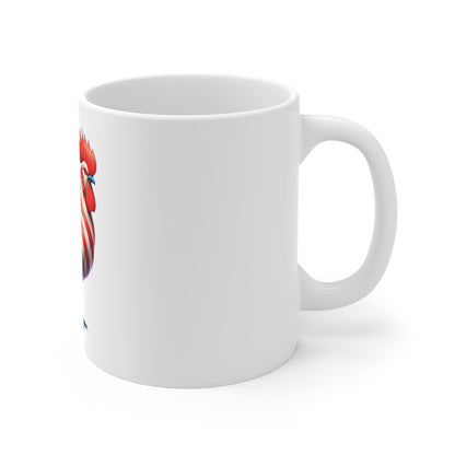 Patriotic Rooster Coffee Mug – American Flag Stylized Rooster – Red White Blue Elegant Chicken Mug – USA Pride Gift American Flag Rooster Mug — Patriotic 11oz Coffee Cup