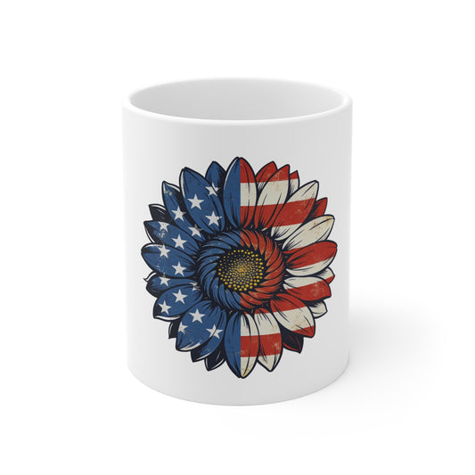 Patriotic Sunflower Mug — American Flag Floral Coffee Cup (11 oz)