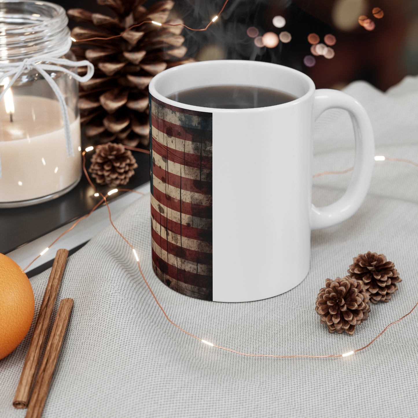 Distressed American Flag Coffee Mug – Drip Grunge USA Mug – Dark Patriotic Mug – Rugged Americana Gift 11oz