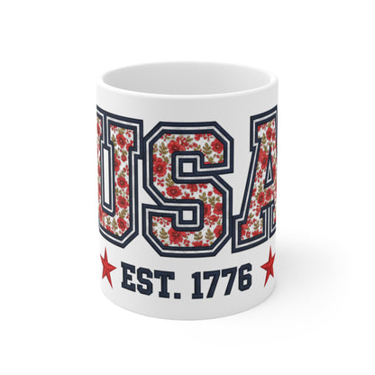 USA Est 1776 Patriotic Floral Coffee Mug – Red White Blue Flower Mug – Vintage Americana Botanical Cup – Elegant 4th of July Gift Mug 11oz