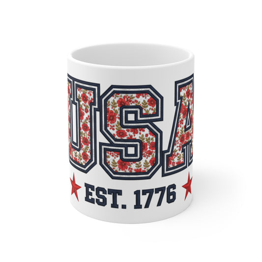 USA Est 1776 Patriotic Floral Coffee Mug – Red White Blue Flower Mug – Vintage Americana Botanical Cup – Elegant 4th of July Gift Mug 11oz