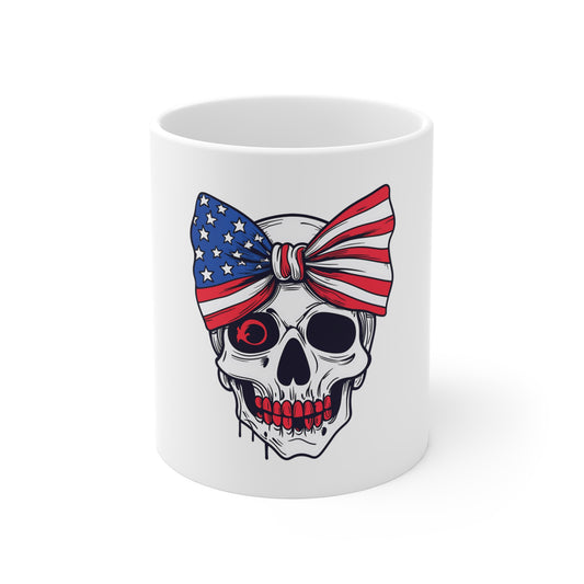 American Flag Skull Mug — Patriotic Skull with Star-Spangled Bow 11oz