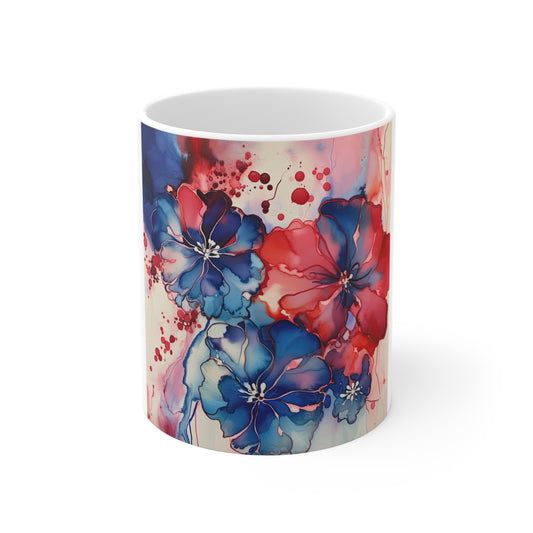 Patriotic Floral Splash Coffee Mug – Red Blue Watercolor Flower Mug – Modern Americana Bloom Cup – Artistic Gift Mug Floral Watercolor Mug 11oz — Red & Blue Bloom Coffee Cup