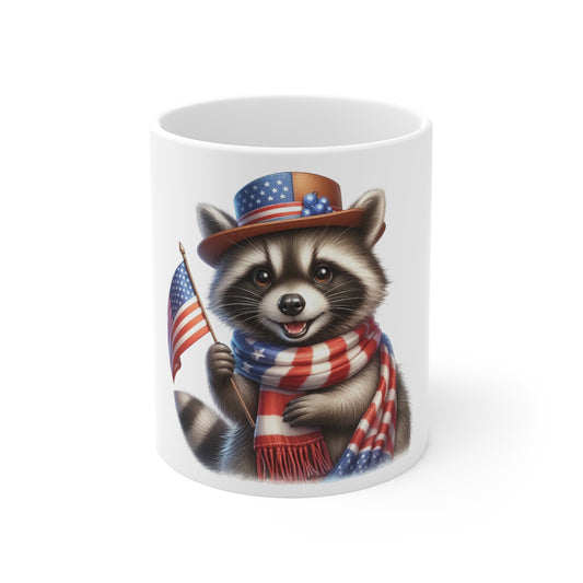 Patriotic Raccoon Coffee Mug – Cute American Raccoon Mug – Red White Blue Scarf Flag Cup – 4th of July Animal Mug11oz