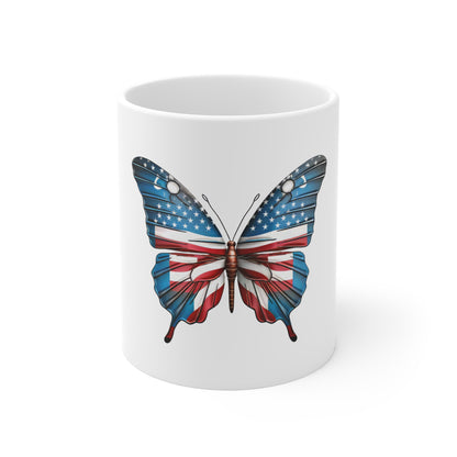 Art Deco American Flag Butterfly Mug – Modern Patriotic Butterfly Coffee Mug – Red White Blue Geometric Wing Design – USA Gift American Flag Butterfly Mug — Patriotic 11oz Coffee Cup
