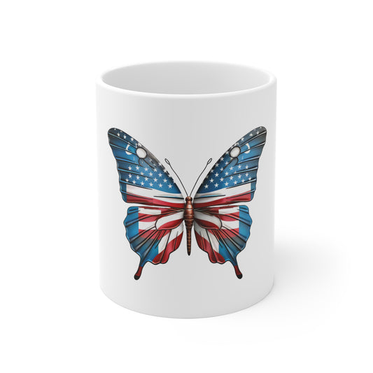 Art Deco American Flag Butterfly Mug – Modern Patriotic Butterfly Coffee Mug – Red White Blue Geometric Wing Design – USA Gift American Flag Butterfly Mug — Patriotic 11oz Coffee Cup