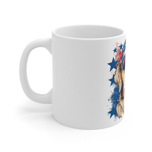 Patriotic Golden Retriever Sunglasses Mug – USA Dog Bandana Coffee Mug – Cool American Pup Art Cup – 4th of July Gift 11oz