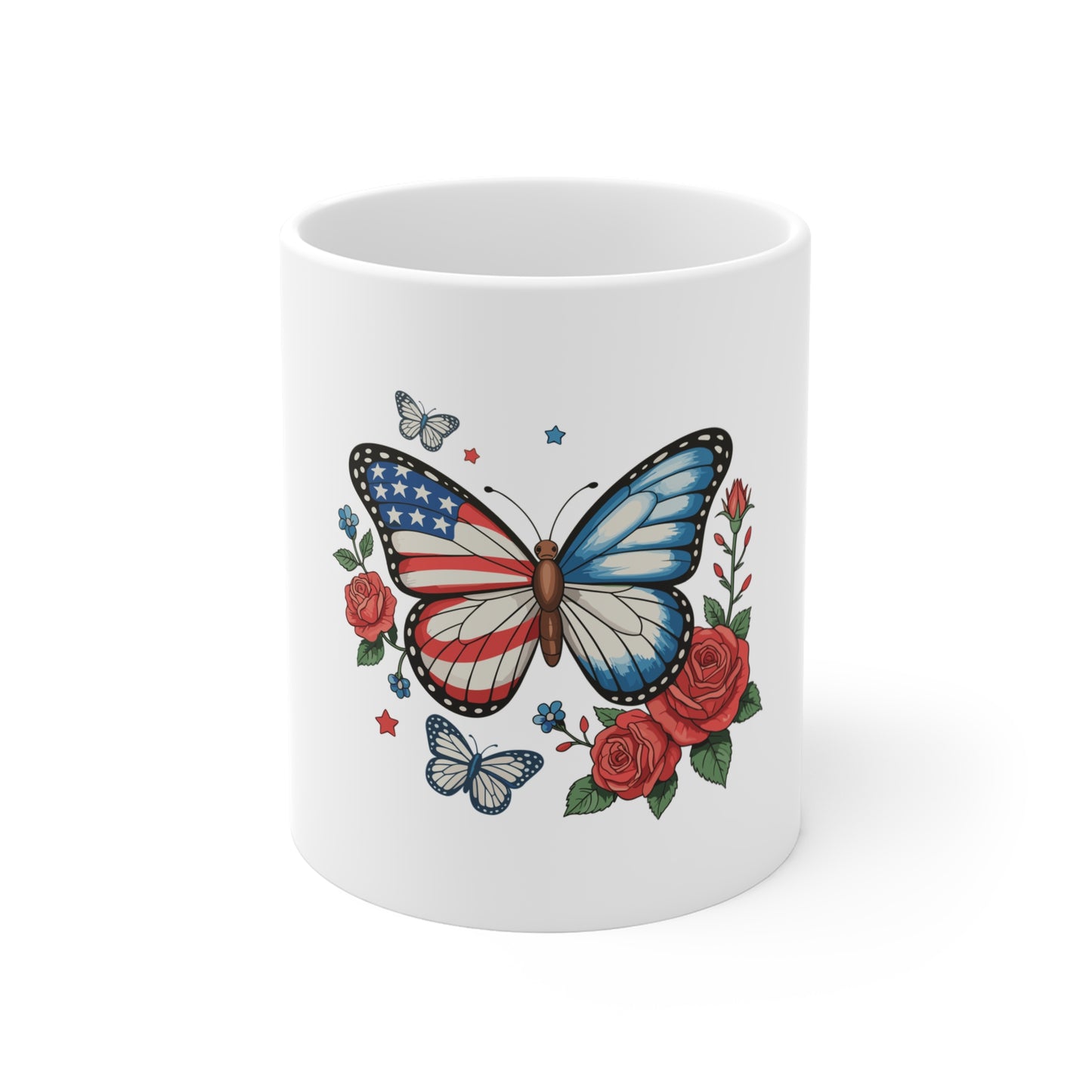 Patriotic Butterfly Mug — American Flag Butterfly with Roses 11oz