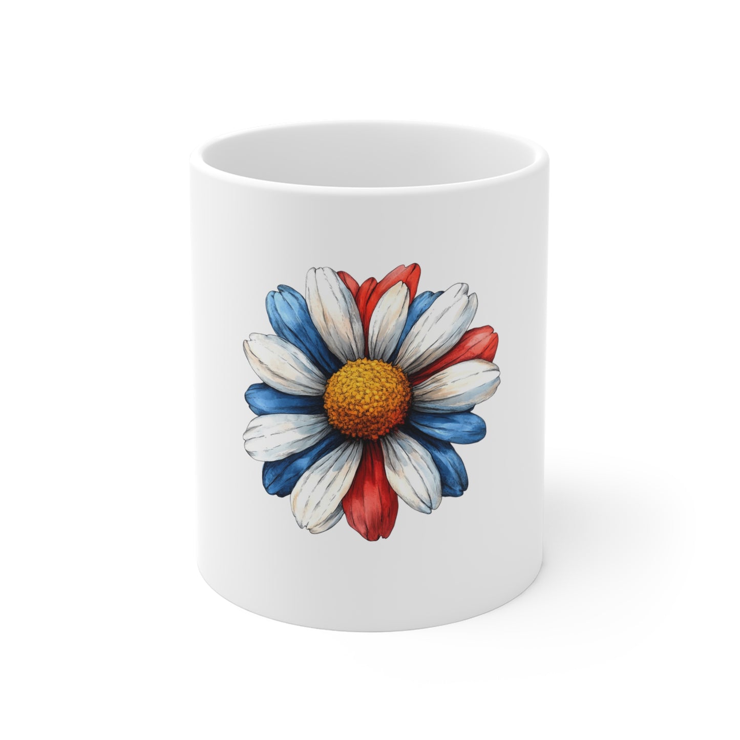 Patriotic Daisy 11oz Coffee Mug — Red White Blue Floral Tea Cup