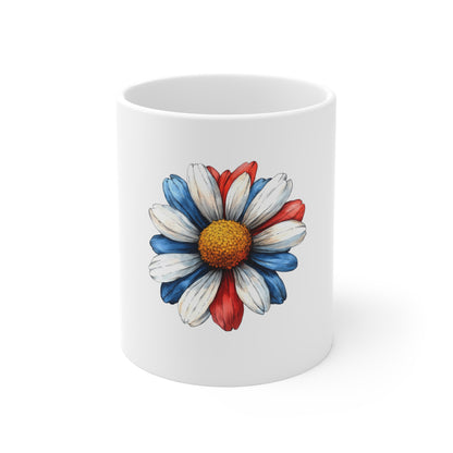 Patriotic Daisy 11oz Coffee Mug — Red White Blue Floral Tea Cup