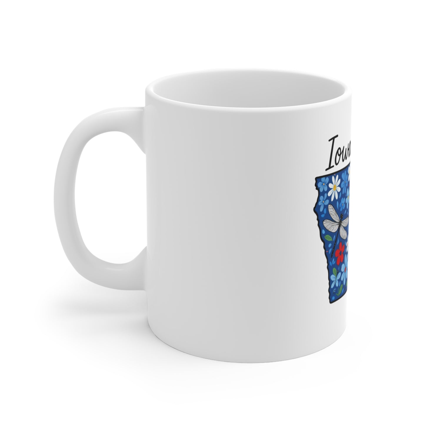 Iowa Floral State Map Mug – 11oz Coffee Cup with Butterflies & Ribbon