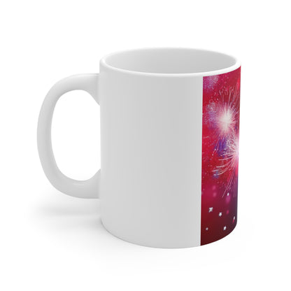 Patriotic Fireworks Burst Coffee Mug – Red Blue Sparkle Mug – Independence Day Celebration Cup – Starry Night USA Design Fireworks Celebration Mug — Colorful Sparkler 11oz Ceramic Coffee Cup