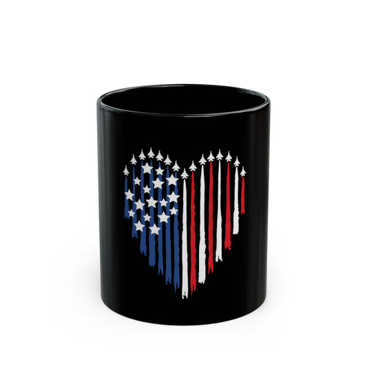 Patriotic Jet Heart Mug – American Flag Heart with Fighter Jets – USA Air Force Inspired Coffee Mug – Red White Blue Military Love Cup  Mug (11oz, 15oz)