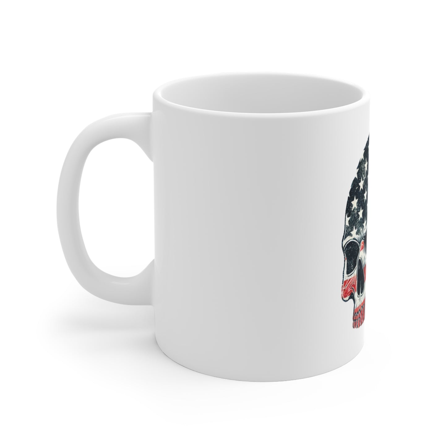 American Flag Skull Mug – Left-Facing Patriotic Skull Coffee Cup – Distressed Vintage USA Freedom Design Mug 11oz