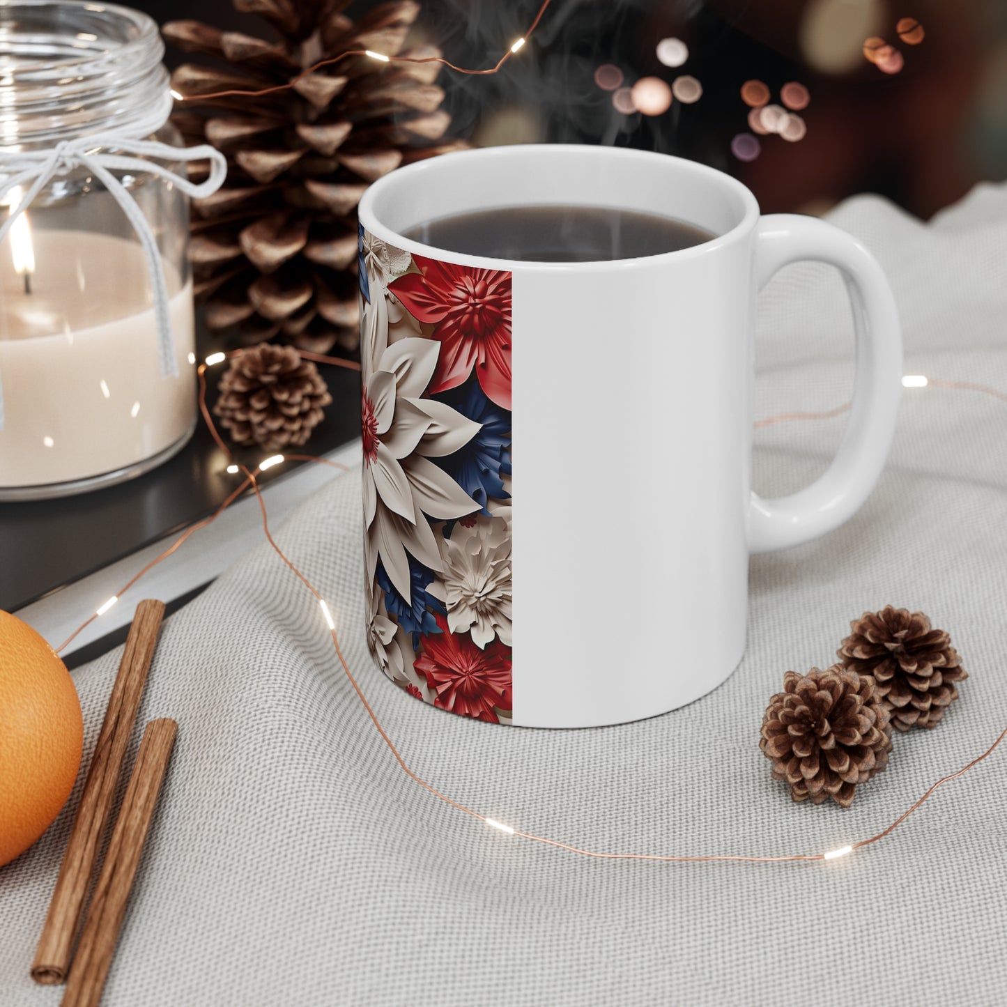 Patriotic 3D White Flower Coffee Mug – Red Blue Sculpted Floral Mug – Elegant Layered Botanical Cup – Premium Americana Mug Patriotic Red White Blue Floral Mug – 11oz Decorative Flower Coffee Cup...
