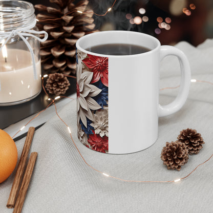 Patriotic 3D White Flower Coffee Mug – Red Blue Sculpted Floral Mug – Elegant Layered Botanical Cup – Premium Americana Mug Patriotic Red White Blue Floral Mug – 11oz Decorative Flower Coffee Cup...
