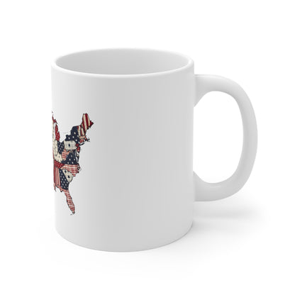 USA Patchwork Map Mug — Patriotic American Flag 11oz Coffee Cup (Fourth of July, Veteran Gift)