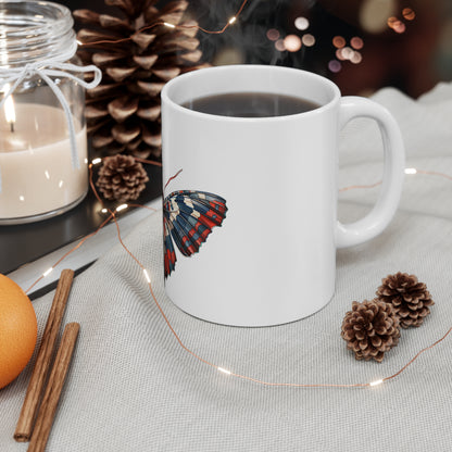 Dynamic Patriotic Butterfly Mug – Angled Red White Blue Wing Coffee Mug – Modern Americana Motion Art Cup – USA Gift Mug Mug 11oz