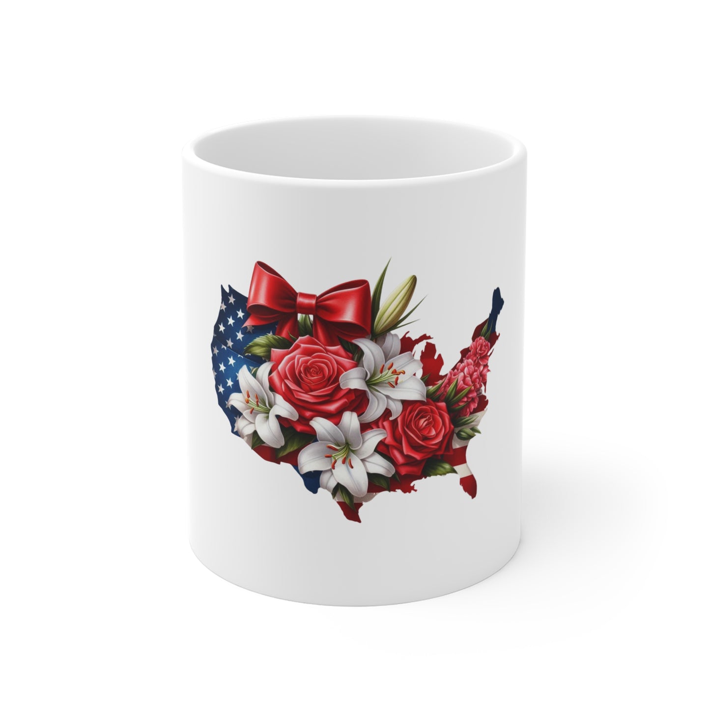 USA Floral Map 11oz Coffee Mug — Patriotic Red Rose & Lily Design for 4th of July