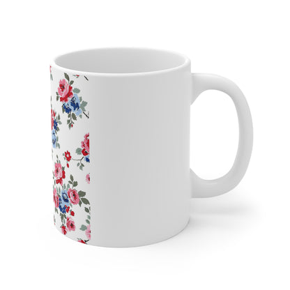 Patriotic Vintage Rose Coffee Mug – Red White Blue Floral Mug – Classic Americana Garden Cup – Shabby Chic Rose Mug Floral Vintage Rose 11oz Coffee Mug