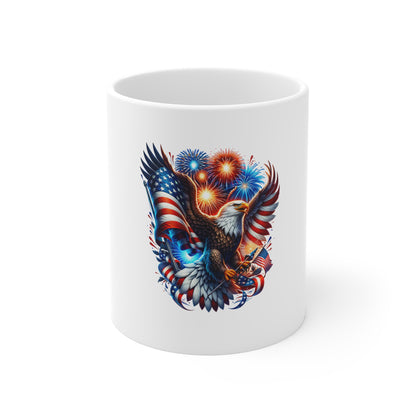 Patriotic Eagle Mug — American Flag Bald Eagle with Fireworks (11oz)